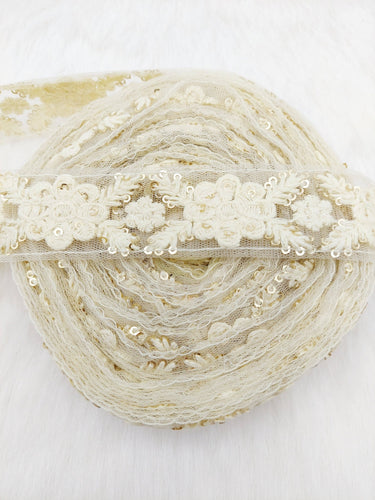 Soft Net Lace Trim Floral Embroidery and Sequins, Floral Sari Border, Decorative Trim